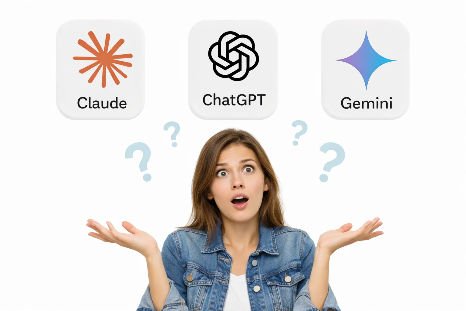 Comparative illustration of ChatGPT, Claude and Gemini side by side