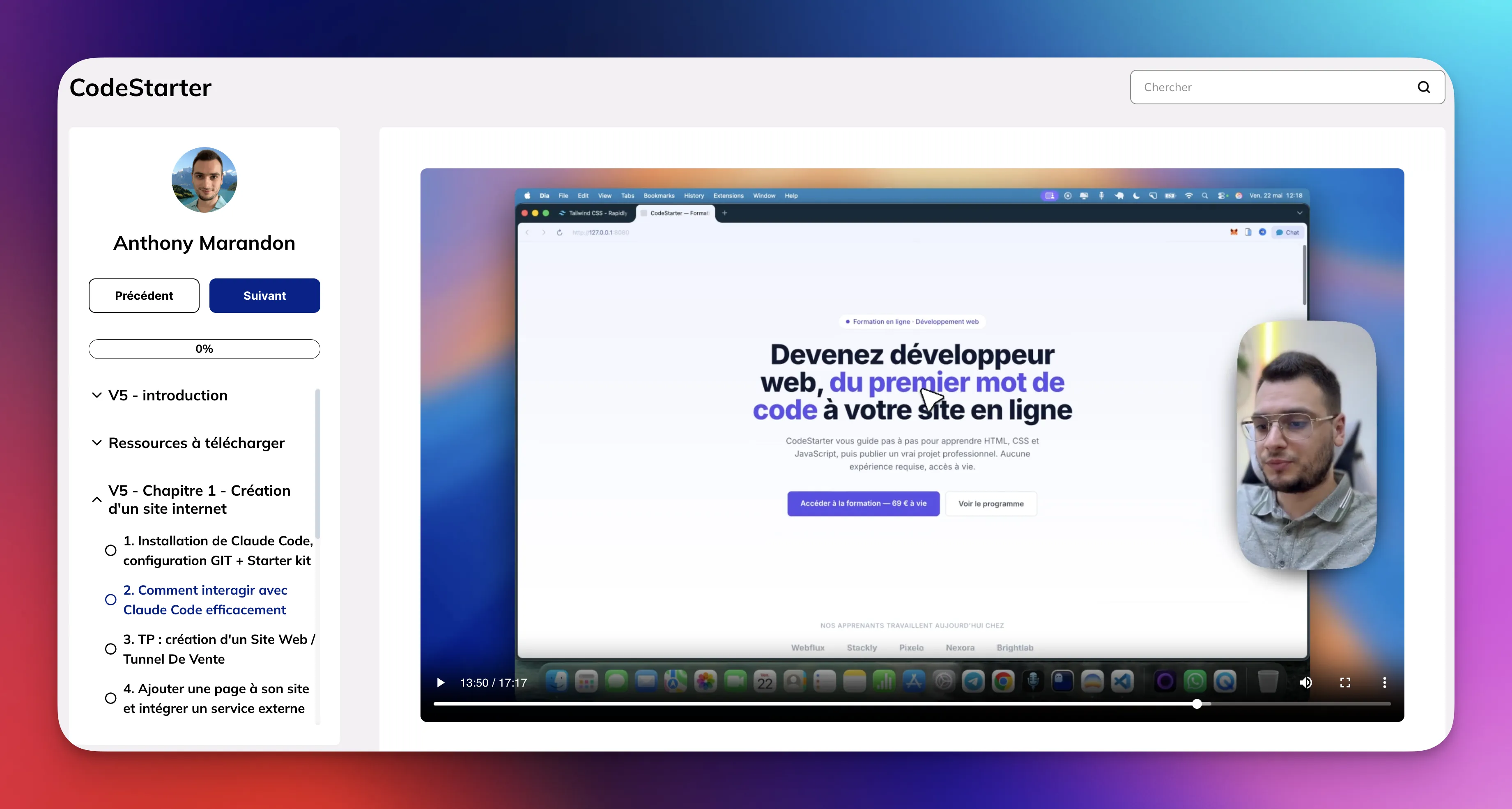 Aperçu de la plateforme de formation : lecteur vidéo, chapitres et travaux pratiques